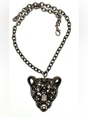 Y2K Leopard Head Statement Necklace Gunmetal Rhinestone Chunky Chain Bold Glam